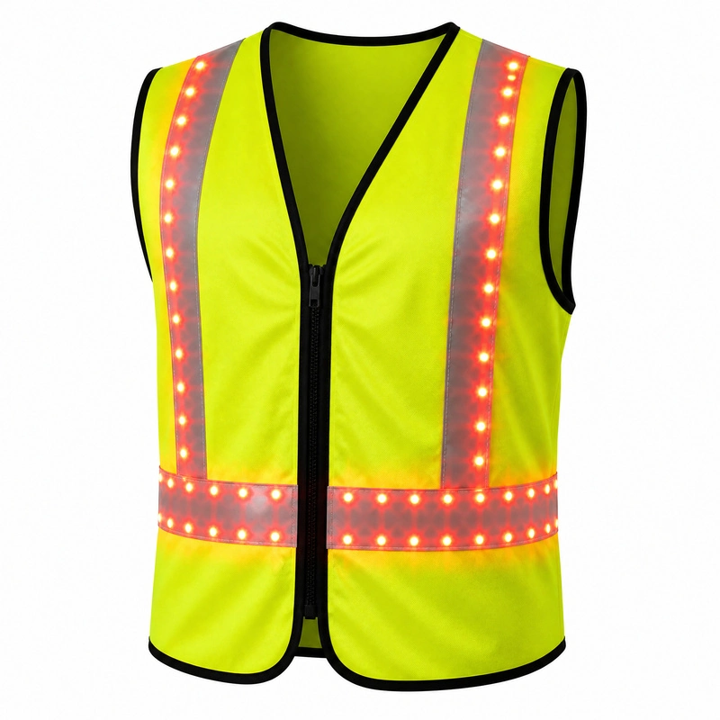 Three-quarter view of a yellow zip-front LED safety vest with red lights along silver-gray vertical and waist bands