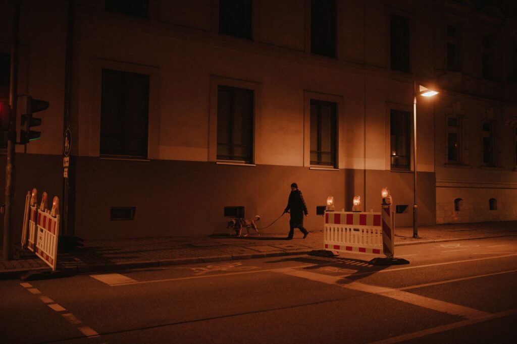 Person walking a dog on a dark street at night next to road barriers with warning lamps