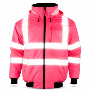 Pink hi vis bomber jacket with hood and silver front bands