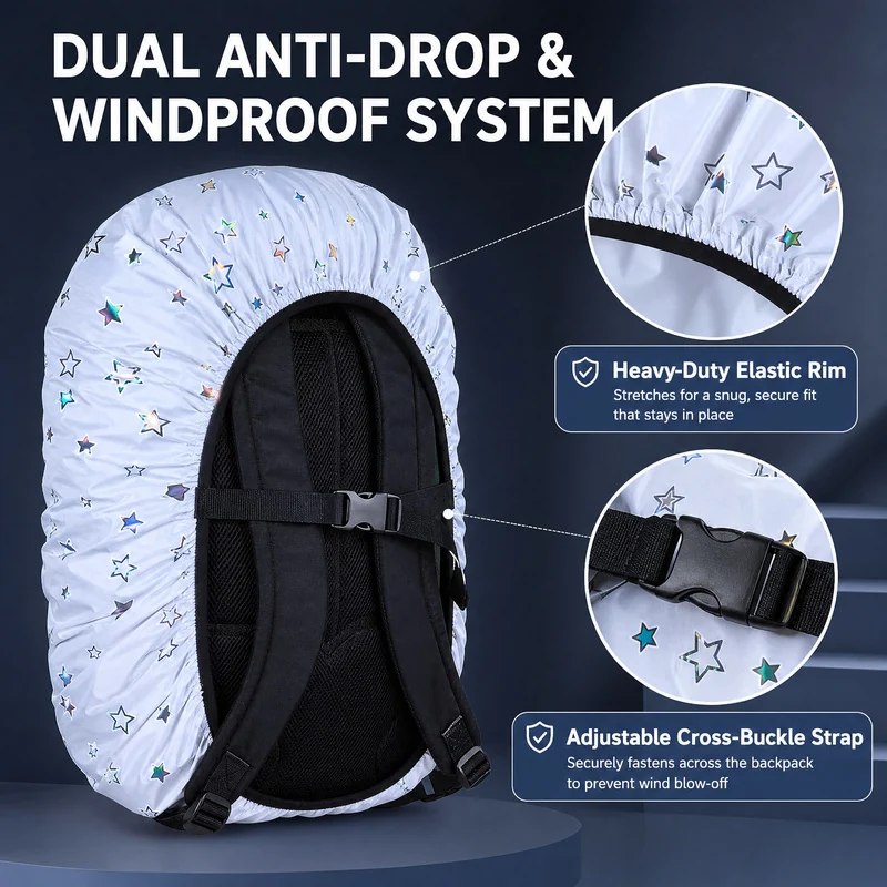 Reflective backpack cover back with elastic edge and buckle strap