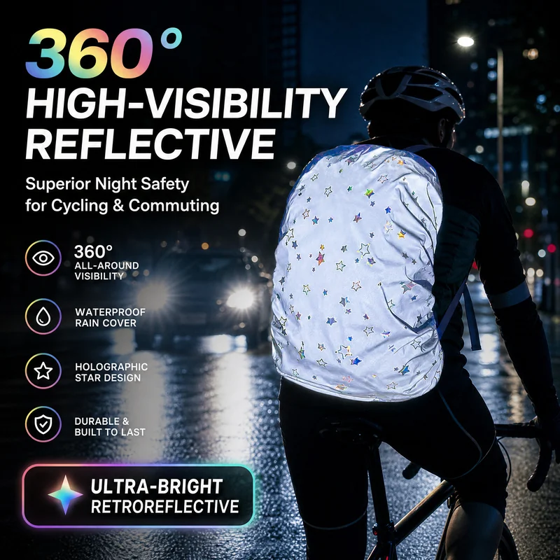 Reflective backpack cover with stars worn in a cycling scene