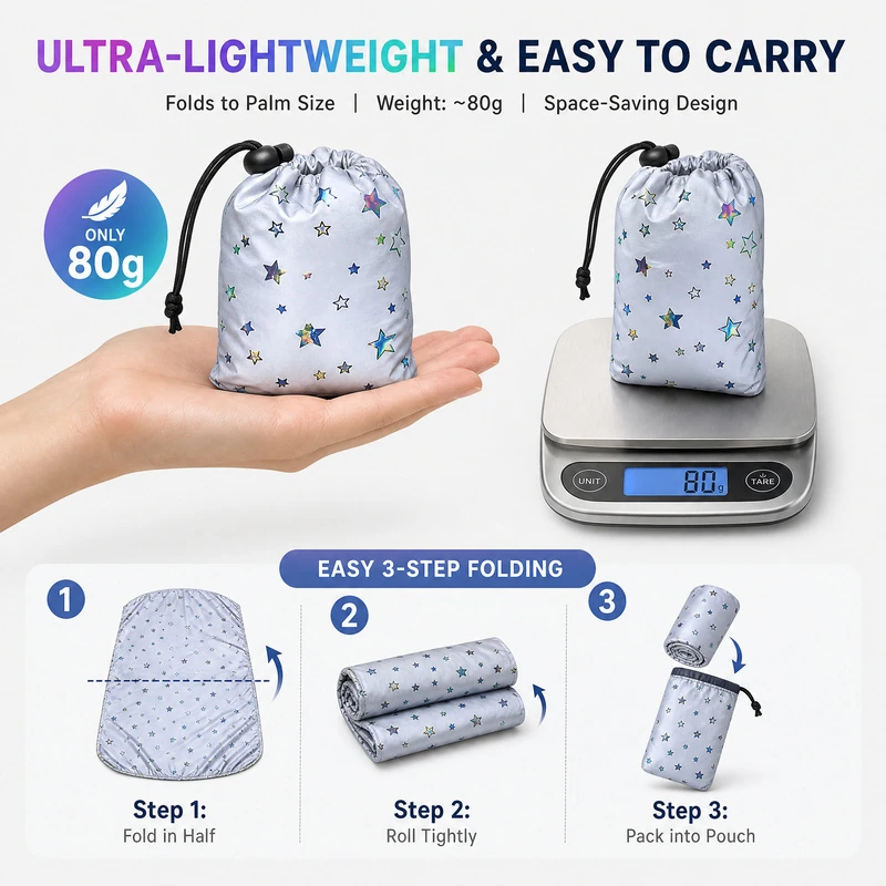 Reflective backpack cover folded into a matching drawstring pouch