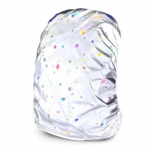 Reflective backpack cover with colorful stars shown from the front
