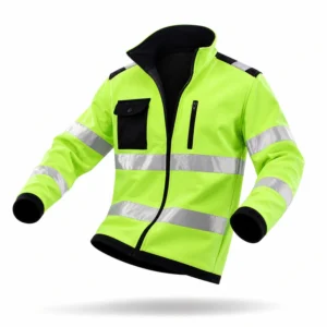 Yellow reflective jacket with silver bands and black chest pockets