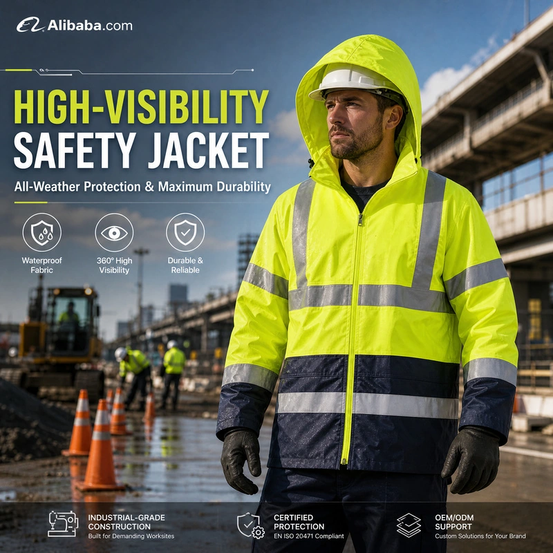 Yellow reflective jacket with hood and navy panels in a worksite poster