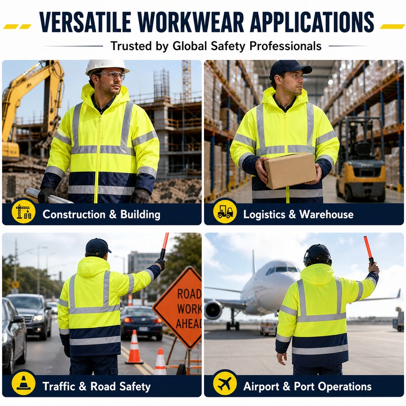 Reflective jacket shown from front and back in four workwear scenes