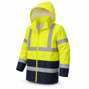 Yellow reflective jacket with hood, silver bands and navy lower panels