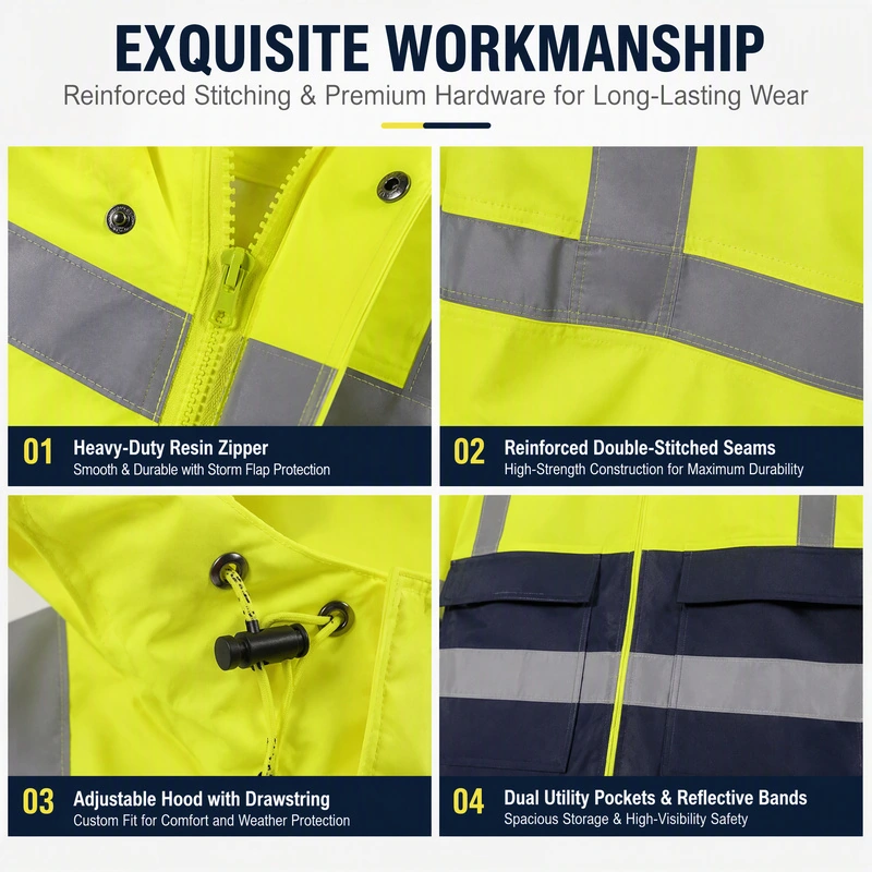 Reflective jacket close-ups showing zipper, stitching, hood drawstring and flap pockets