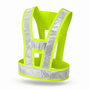 Yellow green reflective safety harness with silver strips in back view