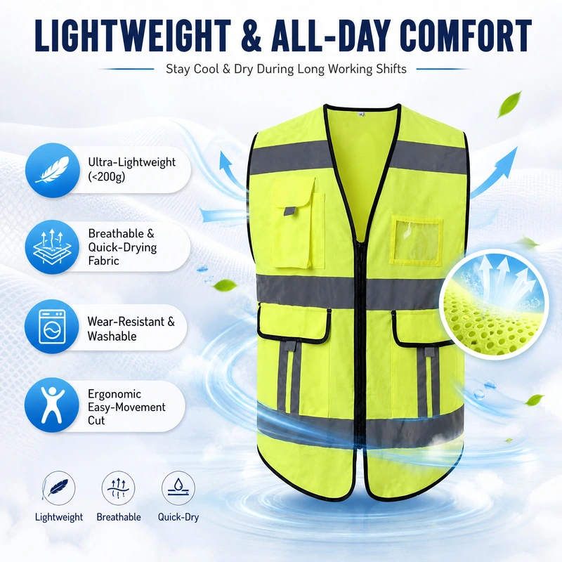 Yellow reflective safety vest shown in a promotional graphic with front pocket design