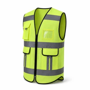 Yellow reflective safety vest with black zipper, flap pockets and clear ID window