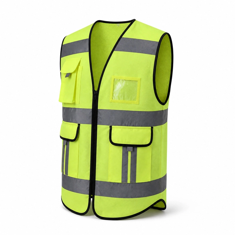 Yellow reflective safety vest with black zipper, flap pockets and clear ID window