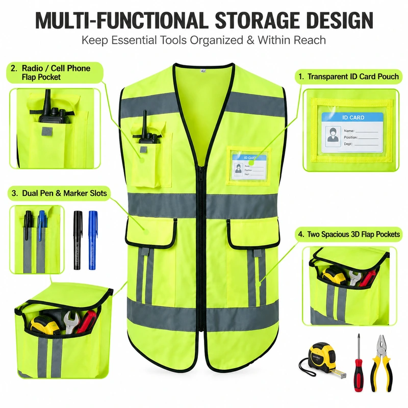 Reflective safety vest with pocket layout, ID window and storage detail panels