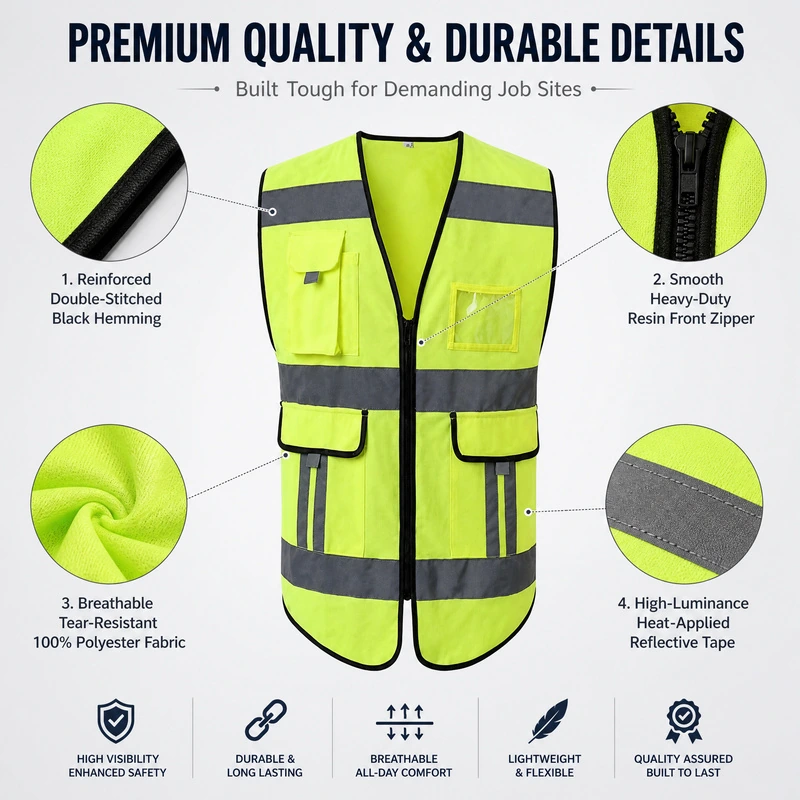Reflective safety vest graphic showing front zipper, black edging and gray band details