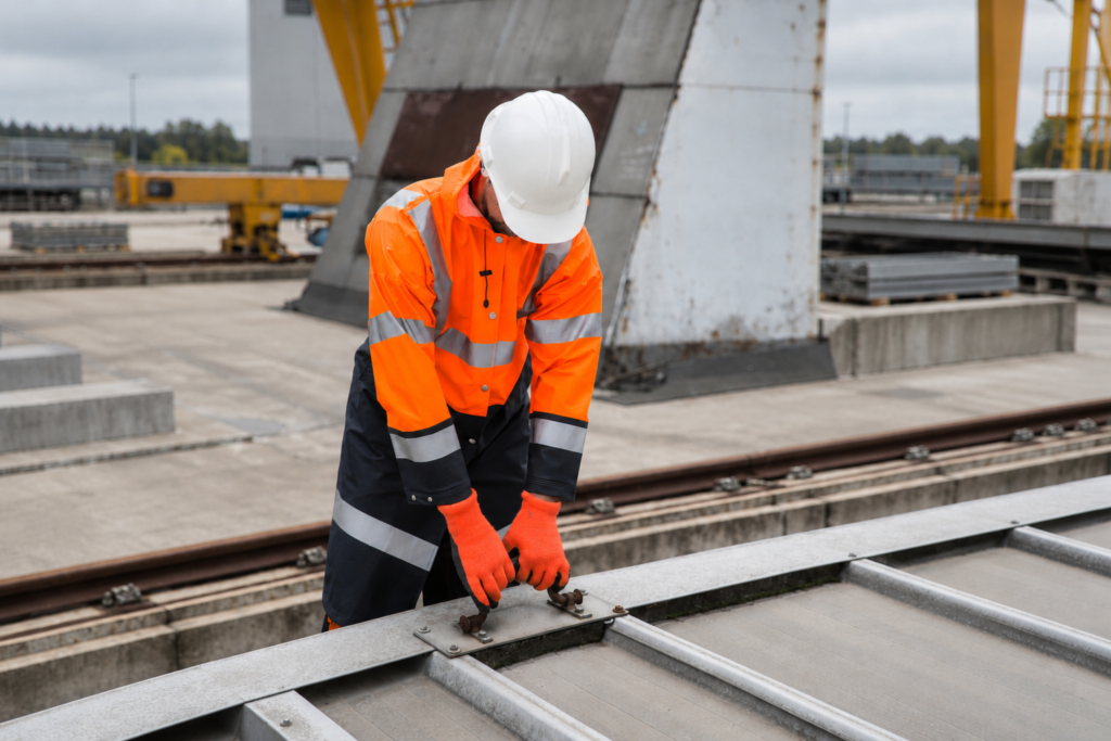 Worker in orange and navy rain jacket with reflective tape bands at an industrial yard