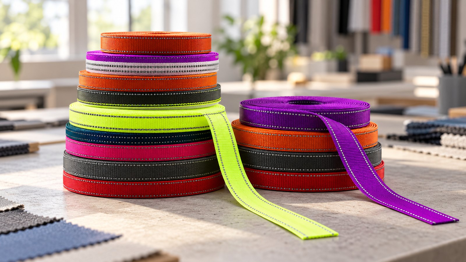 Colorful reflective webbing rolls with loose ends showing woven silver yarn on a sample-room workbench
