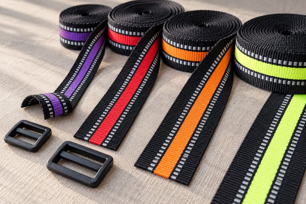 Reflective webbing samples in different widths with visible weave, curled edges and matching strap sliders