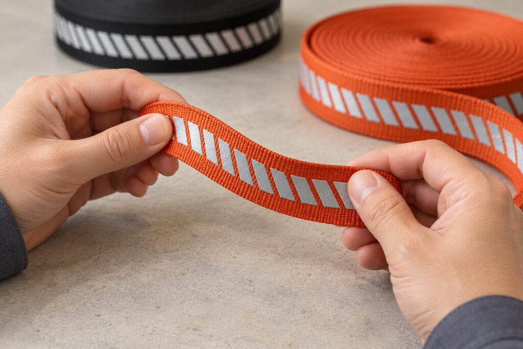 Hands flexing orange webbing with diagonal reflective segments for a visual surface inspection