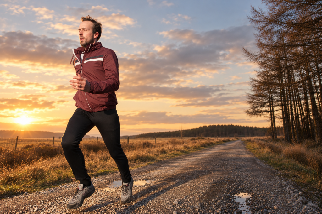Runner in a burgundy running jacket with a light chest stripe at sunset